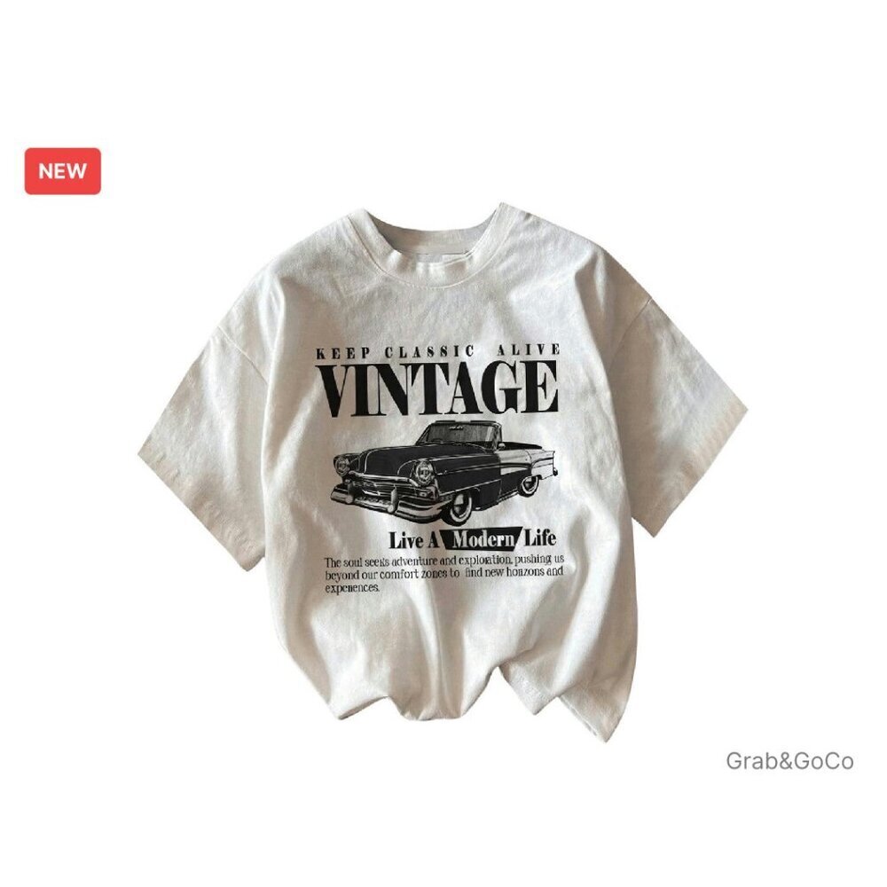 Vintage Car Print Graphic Tee Drop Shoulder Crew Neck Summer T-Shirt